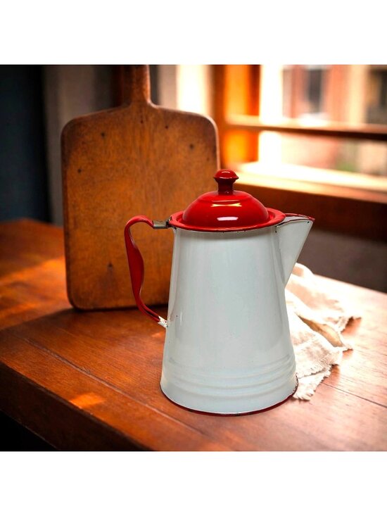 None Other - Vintage Red & White Enamelware Coffee Pot With Lid – Rustic Farmhouse Décor Piec